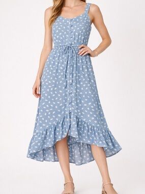 LOFT Blue Midi Dress Polka Dot Ruffle Button Front Sz 2